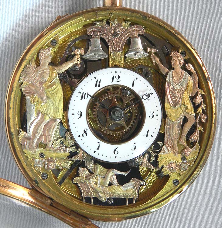  Fine and rare continental 18K gold verge and fusee skeletonized quarter 
hour repeating automaton antique pocket watch with hidden erotic scene circa 1800.  